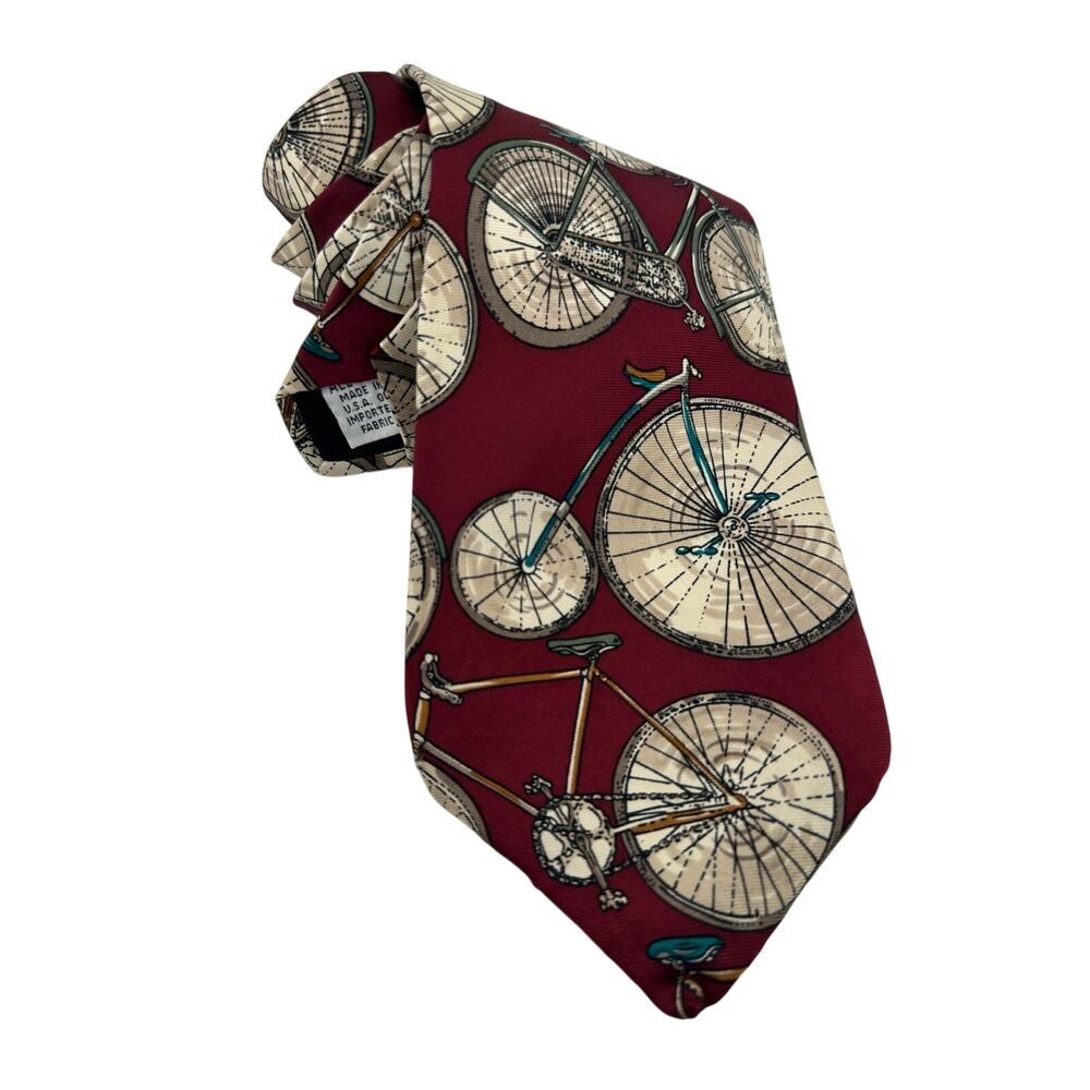Vintage Bicycle Print Silk Necktie Burgundy Cycling Novelty USA Made